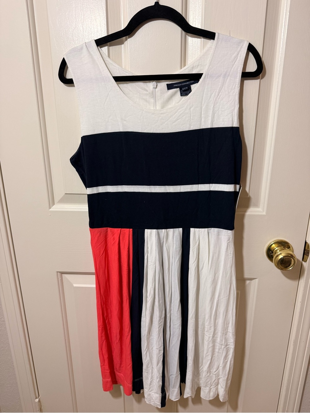 French Connection White, Navy & Coral Colorblock Sleeveless Midi Dress